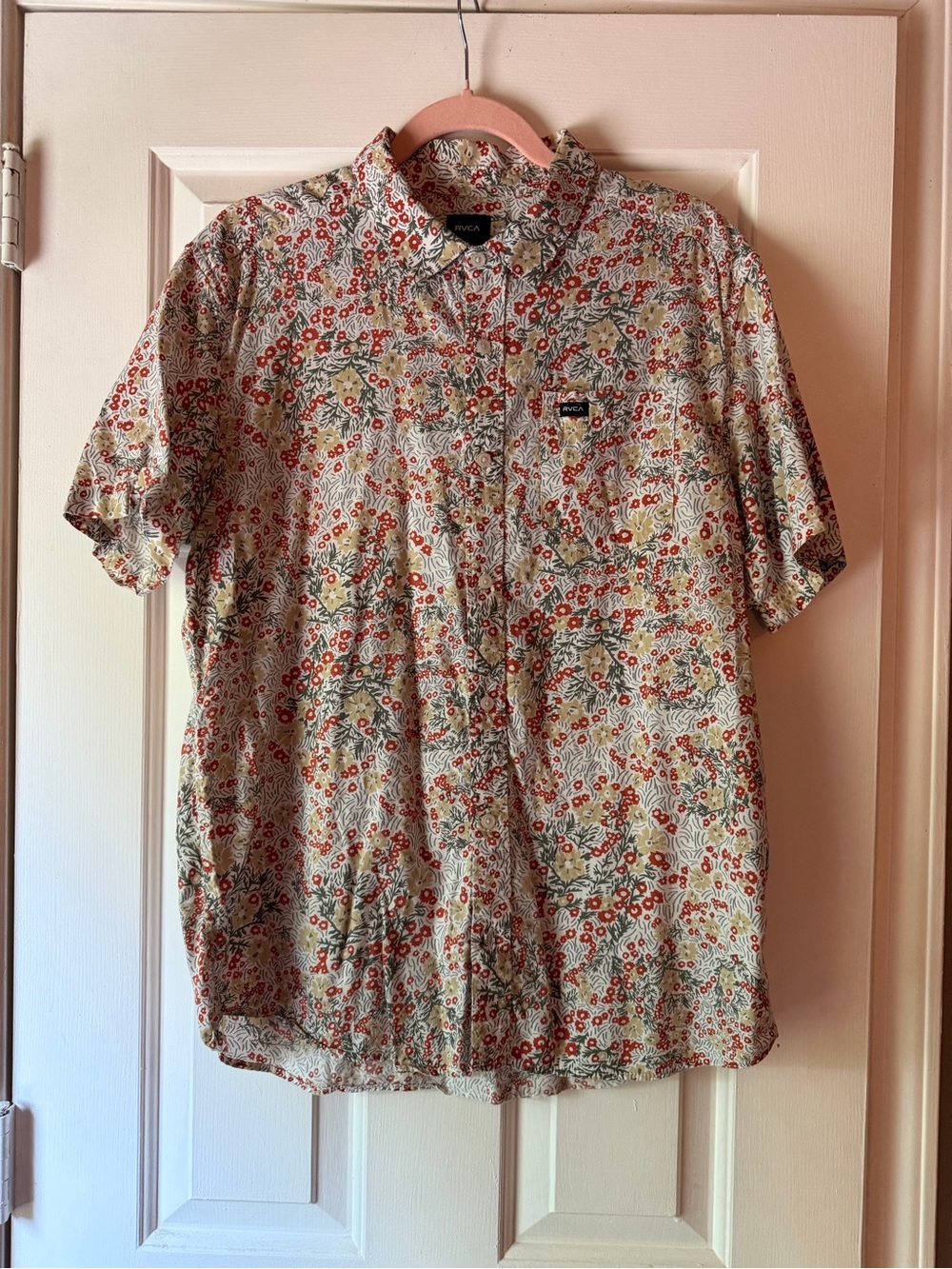 RVCA Men’s Short-Sleeve Button-Up Shirt - Cream Base with Red Floral Print
